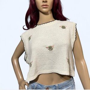 Zara Cream Knit Crop Top with Embroidered Accents